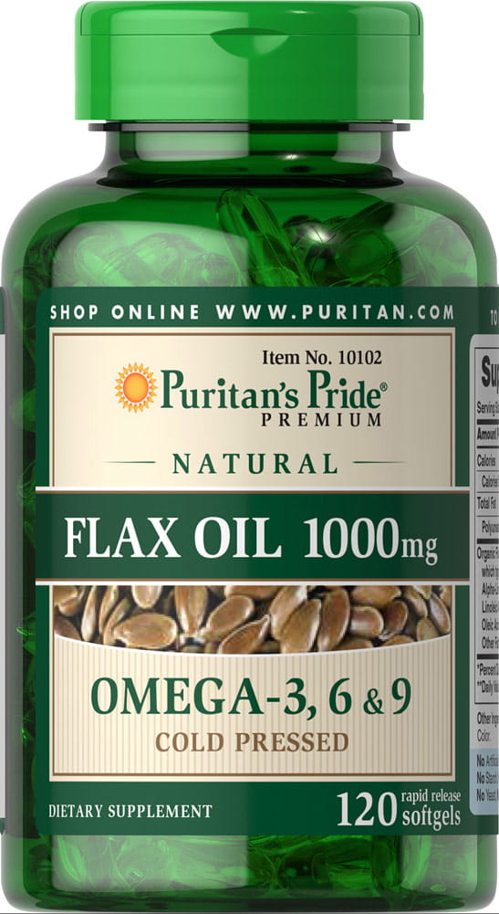 Natürliche Leinöl-Kapseln von PURITAN'S PRIDE, 1000 mg, 120 Kapseln, close-up der Verpackung und Kapseln vor weißem Hintergrund