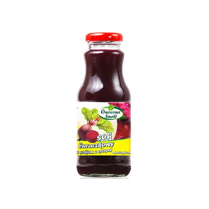 Bio Rote-Bete-Saft mit Zitronensaft von OWOCOWE SMAKI, 250ml, klare Flasche mit rotem Saft und Zitronenscheiben.