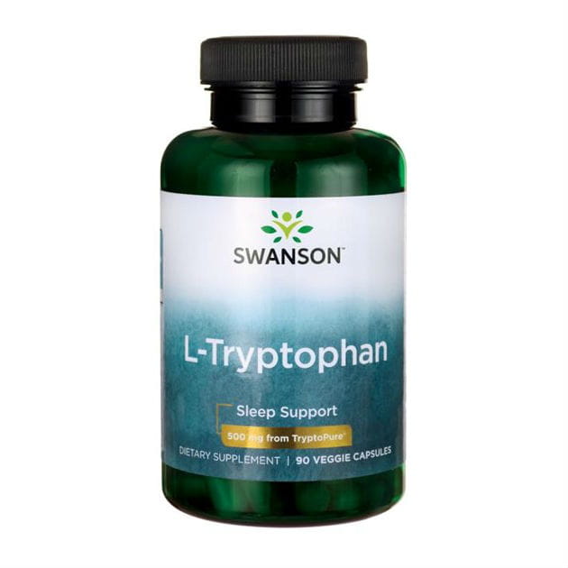 Weiße Kapseln von SWANSON L-Tryptophan Ajipure, 500 mg, 90 Stück, close-up, auf weißem Hintergrund