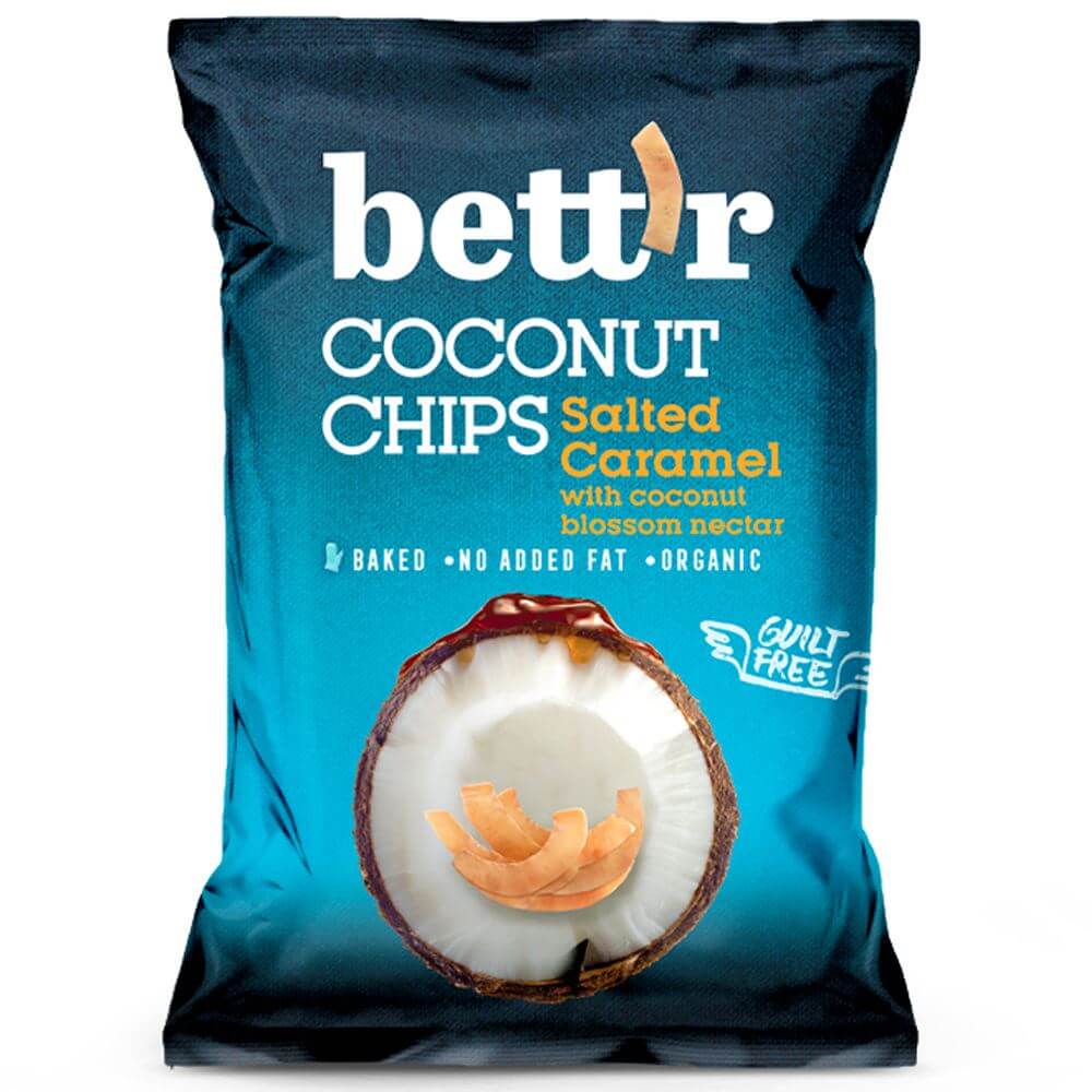 Bio Kokoschips mit salzigem Karamell von BETTR, glutenfrei, 40 g, knusprige Kokosnuss-Snacks mit salzigem Karamellgeschmack