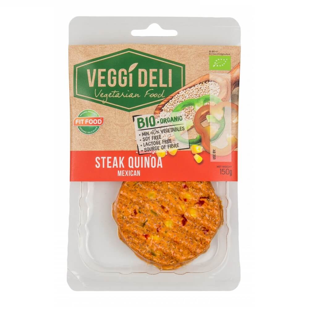 Vegetarisches Bio mexikanisches Steak mit Quinoa von VEGGI DELI, frisch zubereitet, in der Verpackung sichtbar