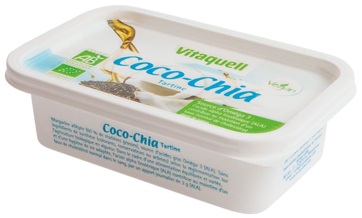 Bio Kokosmargarine mit Chia von VITAQUELL, 250 g, cremige Margarine mit Kokosnuss und Chia-Samen, in einer weißen Verpackung.