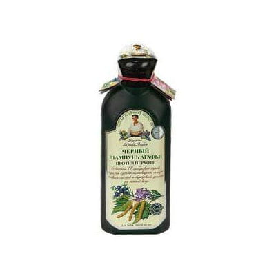 Schwarzes Kräuter-Anti-Schuppen-Shampoo von AGAFI in 350 ml Flasche, mit Kräuterextrakten gegen Schuppen und juckende Kopfhaut.