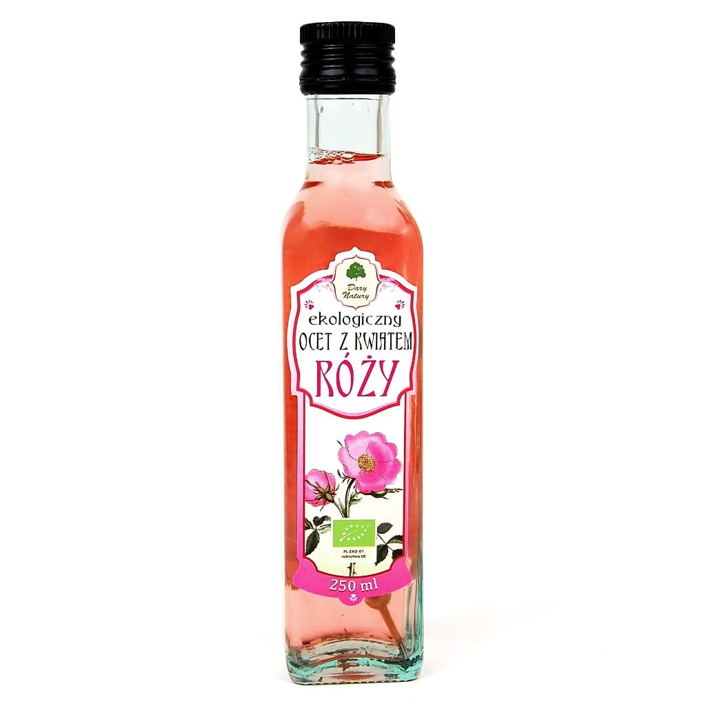 Bio Rosenblütenessig von DARY NATURY in 250 ml Flasche, mit frischem Rosenblüten-Design auf der Verpackung