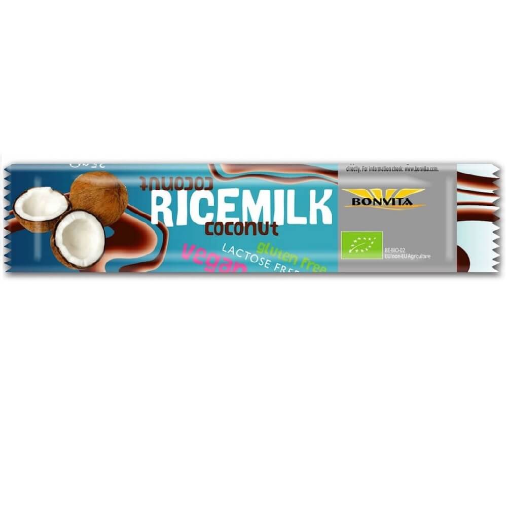 Laktosefreier, glutenfreier Kokos-Reis-Riegel von BONVITA, Bio, 35 g, mit Kokosnuss und Reis, in Verpackung
