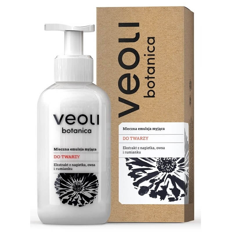 Milchige Gesichtswaschemulsion von VEOLI BOTANICA, 145 ml, zeigt die cremige Textur und die Verpackung der Hautpflege.
