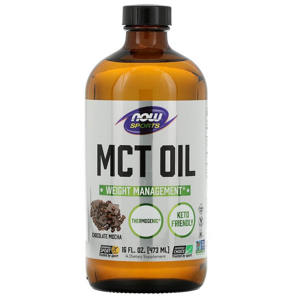 MCT-Öl mit Schokoladen-Mokka-Geschmack von NOW FOODS, 473 ml, Flasche mit dunklem Öl, ideal für Keto und Fitness.