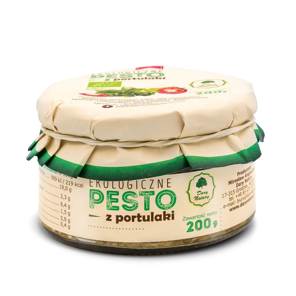 Bio Pesto mit Portulak von DARY NATURY in 200 g Glas, cremige Konsistenz, frische grüne Kräuter und Portulak sichtbar im Glas