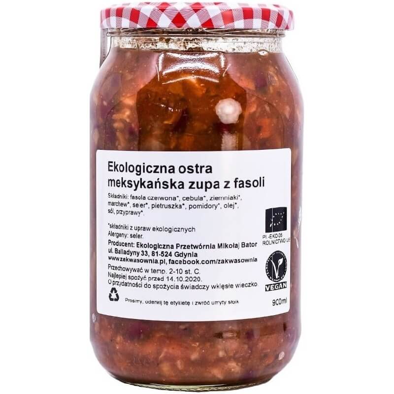 Mexikanische würzige Bio-Bohnen-Suppe von Zakwásownia in 900 ml, cremige Textur, frische Zutaten, perfekt für scharfe Mahlzeiten.