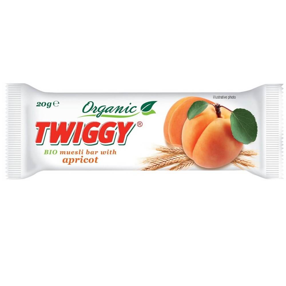 BIO Müsliriegel mit Aprikose von TWIGGY, 20 g, Nahaufnahme des Riegels mit fruchtigen Aprikosenstücken