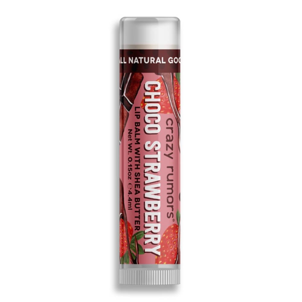 Natürlicher Schoko-Erdbeer Lippenbalsam von CRAZY RUMORS in einer runden Verpackung, zeigt den Lippenbalsam mit Erdbeeren und Schokolade.