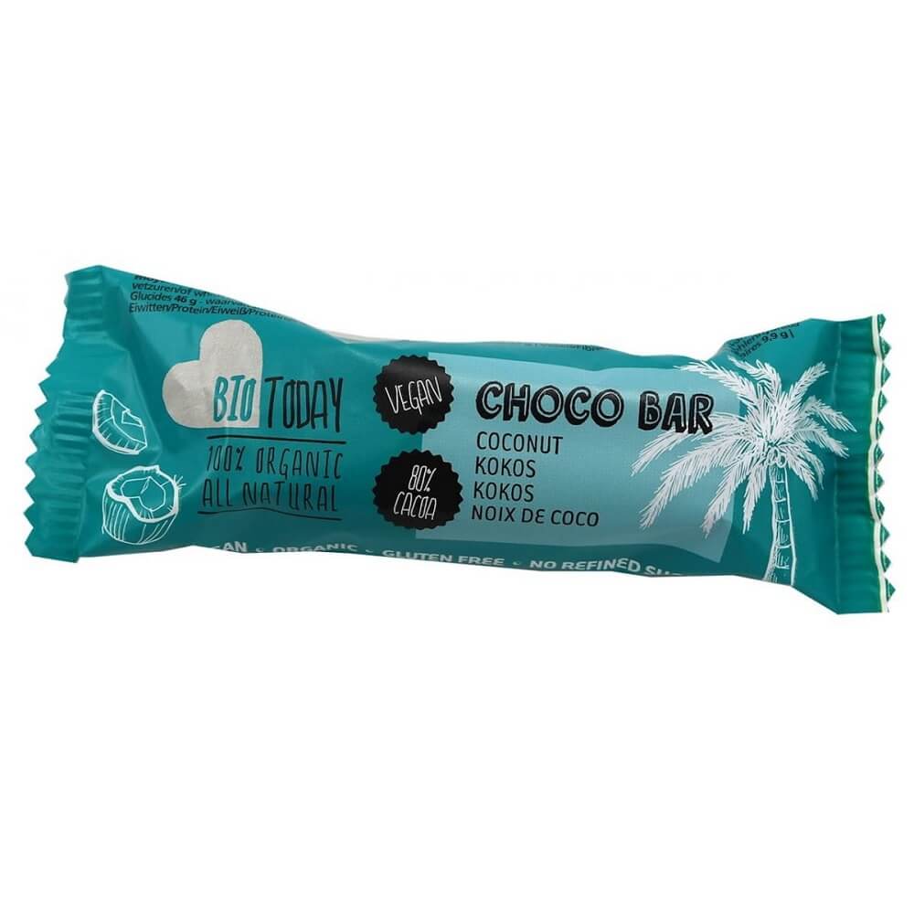 Zartbitterschokolade Kokosriegel von BIOTODAY, glutenfrei und biologisch, mit Kokosnuss auf der Verpackung.