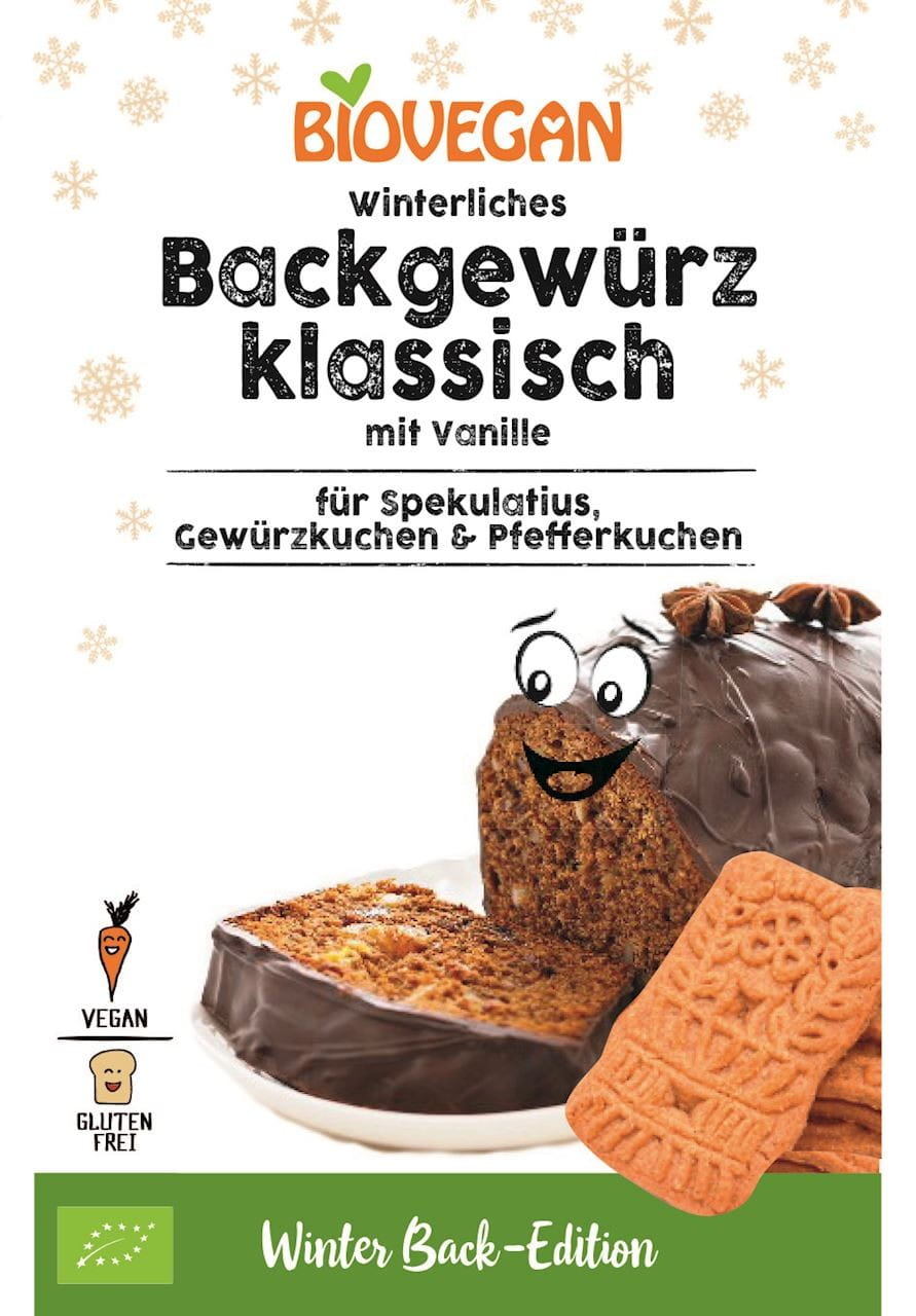 Bio Lebkuchengewürz mit Bourbon-Vanille, glutenfrei, vegan, 15 g, in einer transparenten Dose auf weißem Hintergrund