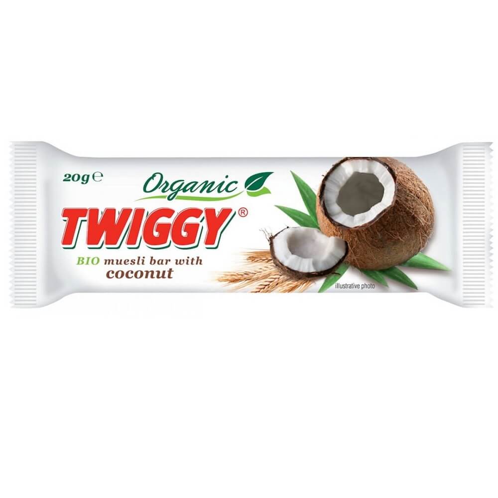 Bio Kokos Müsliriegel von TWIGGY, 20 g, mit knackiger Kokosnuss und Vollkorn, ideal als gesunder Snack.