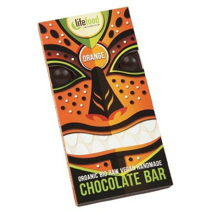 Rohe glutenfreie BIO Schokolade mit Orangenschale von LIFEFOOD, 70 g, sichtbar in der Verpackung mit Orangenscheiben.