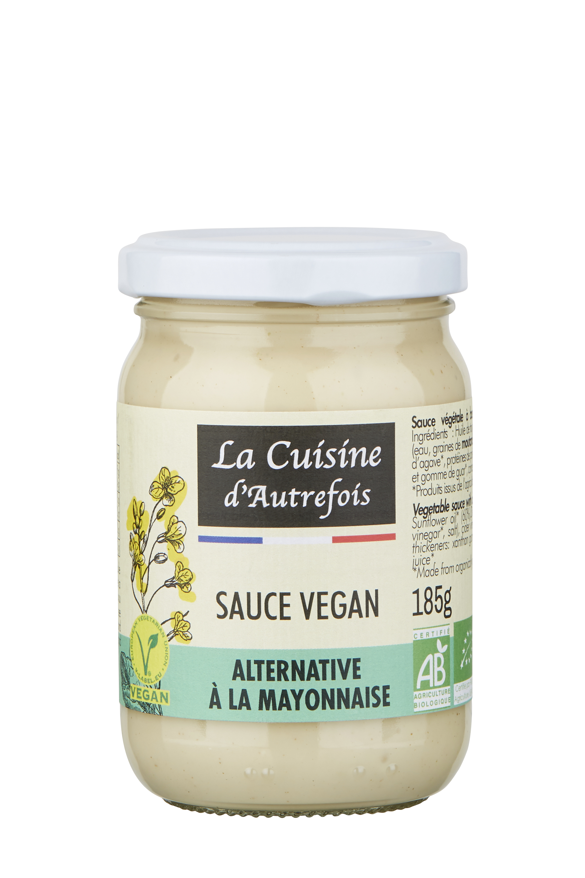 Vegane Mayonnaise BIO von LA CUISINE D'AUTREFOIS in 185 g Flasche, cremige, pflanzliche Sauce auf pflanzlicher Basis.