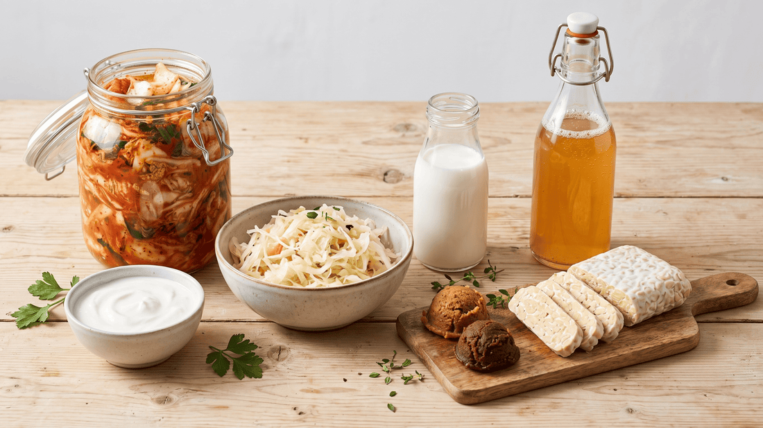Auswahl fermentierter Lebensmittel mit Kimchi, Sauerkraut, Joghurt, Kefir, Kombucha, Miso und Tempeh