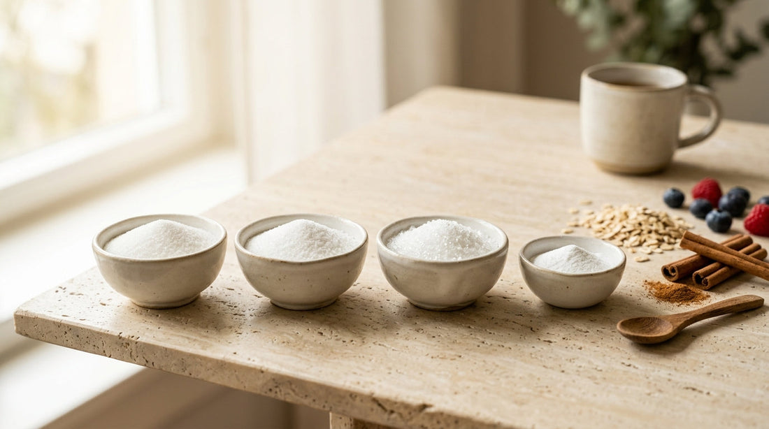 Erythrit, Xylit, Stevia und Zucker in Schalen als Zuckeralternativen im Vergleich