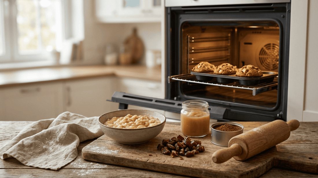 Herbstliche Backzutaten mit Banane, Datteln, Apfelmus und Kakao als Möglichkeiten zur Reduktion von Zucker beim Backen.