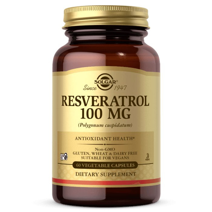 Solgar Resveratrol 100 mg Kapseln, Nahrungsergänzungsmittel mit Resveratrol, offene Verpackung, weiße Kapseln, Produktetikett sichtbar