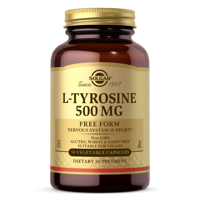 L-Tyrosin Kapseln von Solgar, 500 mg, in einer weißen Flasche, 50 Kapseln, für mentale Klarheit und Energie, auf weißem Hintergrund