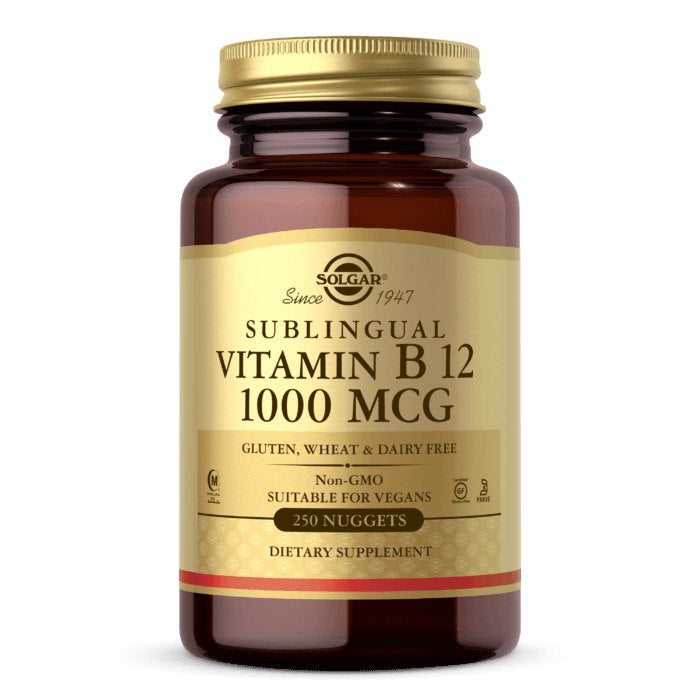 Solgar Vitamin B12 1000 mcg Tabletten, Nahrungsergänzungsmittel für Energie und Nervenunterstützung, auf Verpackung abgebildet