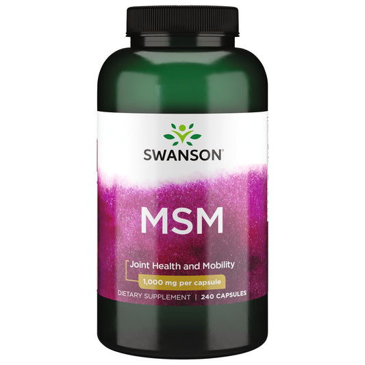 Weiße MSM-Kapseln von Swanson mit 1000 mg, 240 Stück, für Gelenk- und Hautgesundheit, auf weißem Hintergrund.