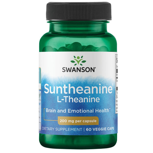 Swanson Suntheanin L-Theanin 200 mg Kapseln, Nahrungsergänzungsmittel zur Entspannung, in einer offenen weißen Dose
