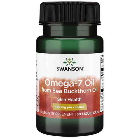 Omega-7 Öl Kapseln aus Sanddornöl von Swanson, 30 Stück, Nahaufnahme der Kapseln in einer Packung.