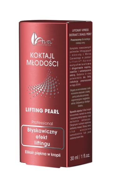 AVA Youth Lifting Cocktail mit Perlenlifting-Effekt, feine Textur, in einer eleganten Flasche, für jugendliche Hautpflege.