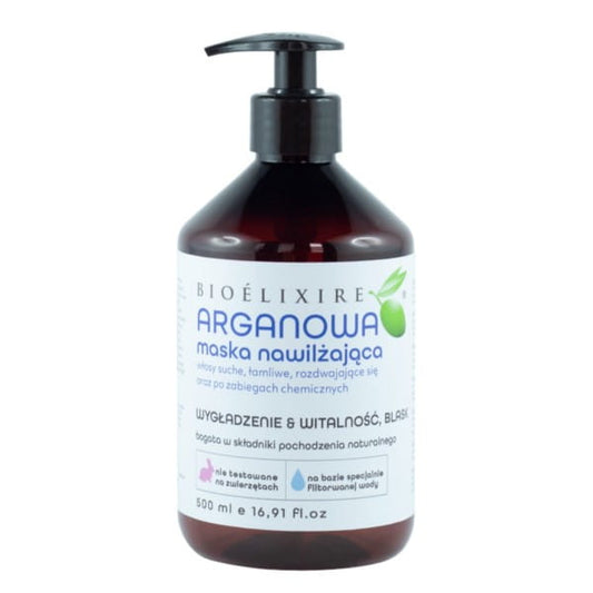 Biologische Argan Feuchtigkeitsmaske von BIOELIXIRE in einer 500 ml Flasche, zeigt die Anwendung auf gereinigtem Haar.