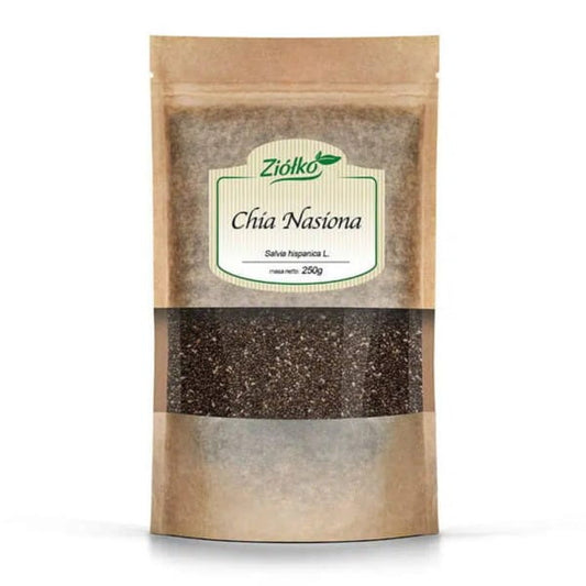 Chia-Samen von ZIÓŁKO, 250 g, in einer transparenten Schale, mit schwarzen und weißen Samen sichtbar auf weißem Hintergrund