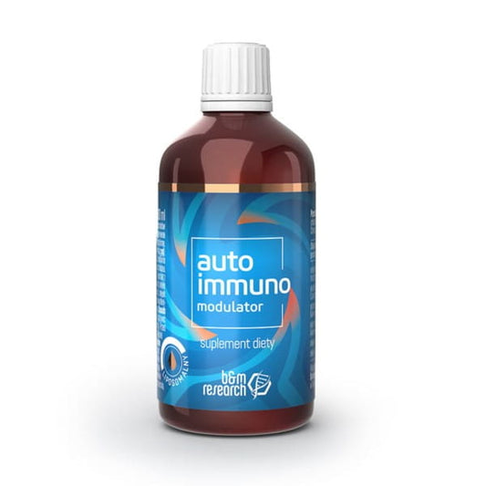 Liposomaler B&M Autoimmuno Modulator von Botanical Research in 100 ml Flasche, sichtbarer Inhalt und Verpackung