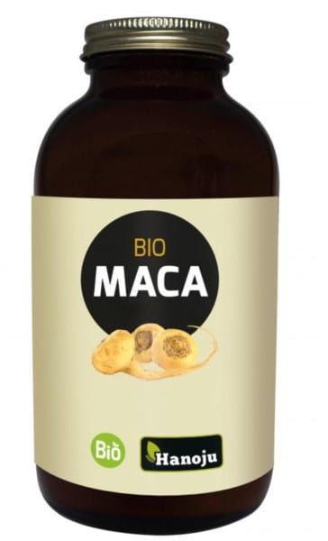 Hanoju Maca Premium Bio 500 mg, 600 Kapseln, Nahaufnahme der braunen Kapseln in einer Verpackung auf weißem Hintergrund
