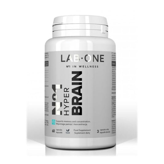 LAB ONE Lab One N1 Hyper Brain 60 K Nahrungsergänzungsmittel in Dose, mit schwarzem Deckel und weißem Etikett, auf weißem Hintergrund