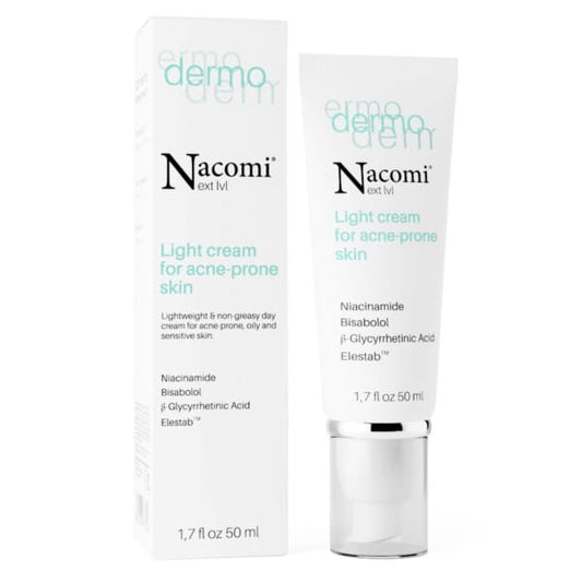 Nacomi Light Creme für zu Akne neigende Haut, 50 ml, pflegende Creme in weißer Verpackung, ideal für fettige Haut.