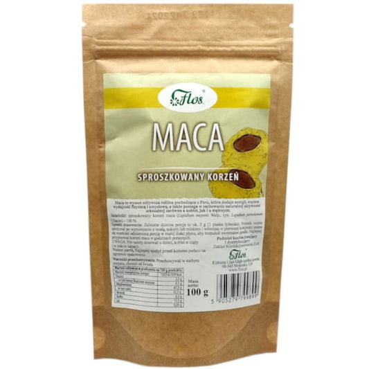 FLOS Maca 100 g Packung mit aromatischem Maca-Wurzelpulver, Nahaufnahme der Verpackung und Produktbeschreibung.