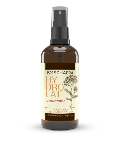 Bosphaera Schafgarbe Hydrolat in 100 ml Flasche, zeigt die klare Flüssigkeit und die natürliche Verpackung.