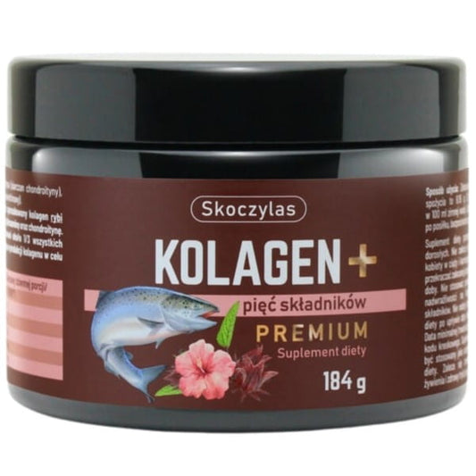 Skoczylas Lachskollagen mit 5 Zutaten, 184 g, in einer Packung, zeigt die Produktverpackung und Inhaltsstoffe auf der Verpackung