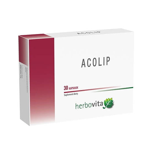 Acolip Herbovita Nahrungsergänzungsmittel in 30 Kapseln, weiße Kapseln auf weißem Hintergrund