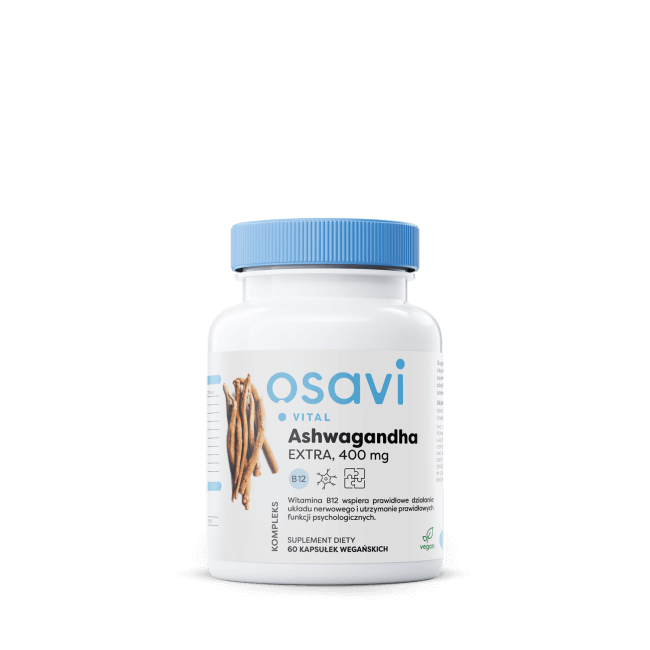 Osavi Ashwagandha EXTRA 400 mg mit Vitaminen B12, 60 Kapseln, Nahaufnahme der Verpackung und Kapseln auf hellweißem Hintergrund