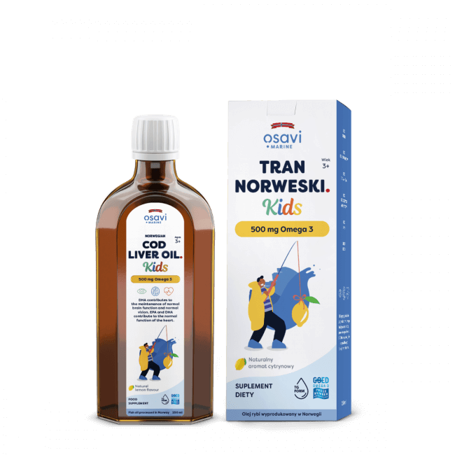 Norwegisches Omega-3-Kindertrank mit Zitronengeschmack von Osavi, 250 ml Flasche, enthält 500 mg Omega-3 für Kinder.