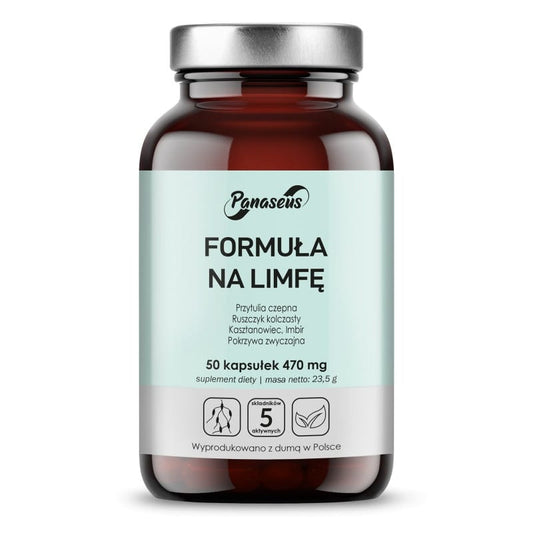 Lymphatische Formel von Panaseus in 50 Kapseln, zeigt die Verpackung mit Kapseln auf weißem Hintergrund