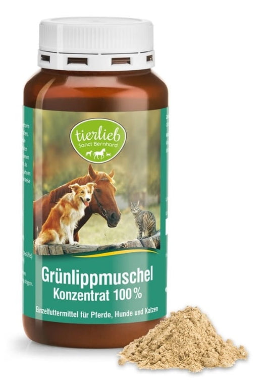Grünlippmuschelkonzentrat für Hunde und Katzen von Tierlieb, 150 g, in einer geöffneten Dose mit grünen Muscheln und natürlichen Inhaltsstoffen