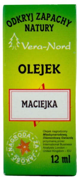 Vera Nord Maciejka Öl in 12 ml Flasche, naturbelassenes Pflegeöl, zeigt die Flasche mit Etikett und goldener Kappe.