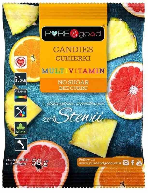 Bunte Multivitamin-Bonbons mit Stevia von Pure&Good, Vitamin C und B, 50g, fruchtige Süßigkeit in Packung