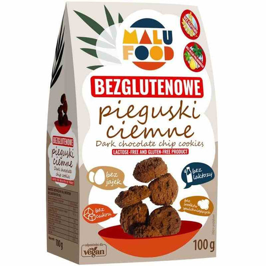 Dunkle glutenfreie und zuckerfreie Kekse von MALU in 100 g Verpackung, mit dunkler Schokolade und knuspriger Textur