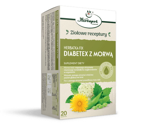Diabetex Fix-Tee mit Maulbeere von Herbapol, Kräutertee in Beutel, Nahaufnahme der Verpackung und Teeblätter.