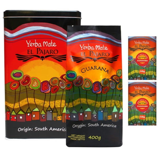 Dose mit 500 g Oranżada Yerba Mate Guarana, trockene Blätter in einer geöffneten Packung, typisch für Yerbe Mate Getränke.