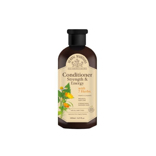 Haarspülung mit 7 Kräutern von HERBAL TRADITIONS, 500 ml Flasche, zeigt die Verpackung und das Produkt in einer natürlichen Umgebung